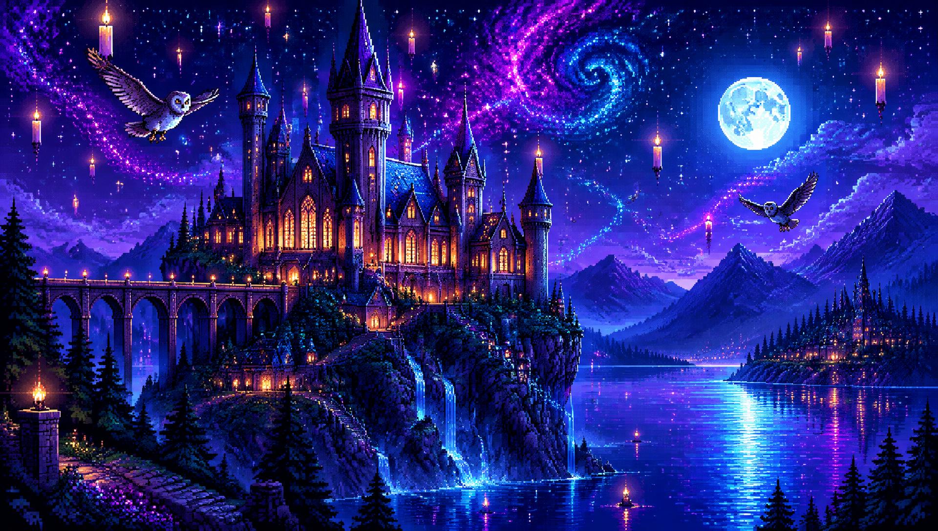 Pixel art wizard castle at night